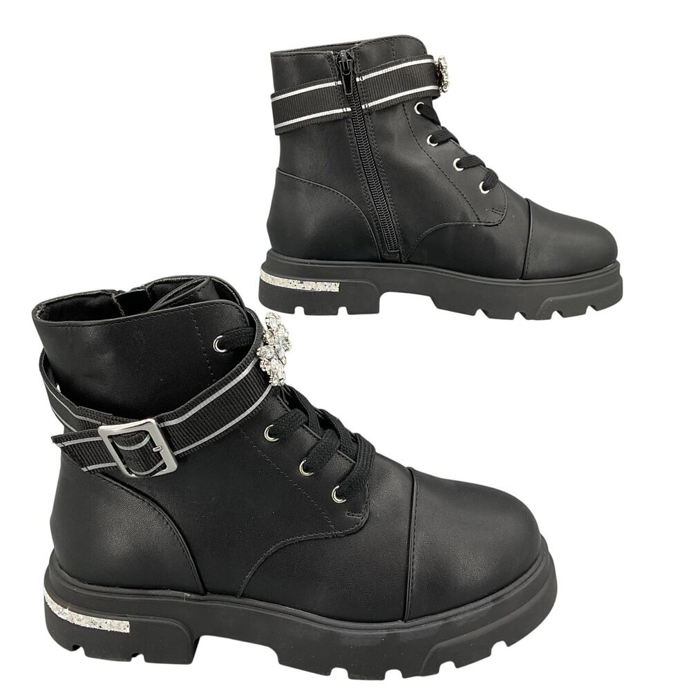 NEW Jessica Simpson Girls Rosa Brooch Embellished Ankle Boots Black Size 4